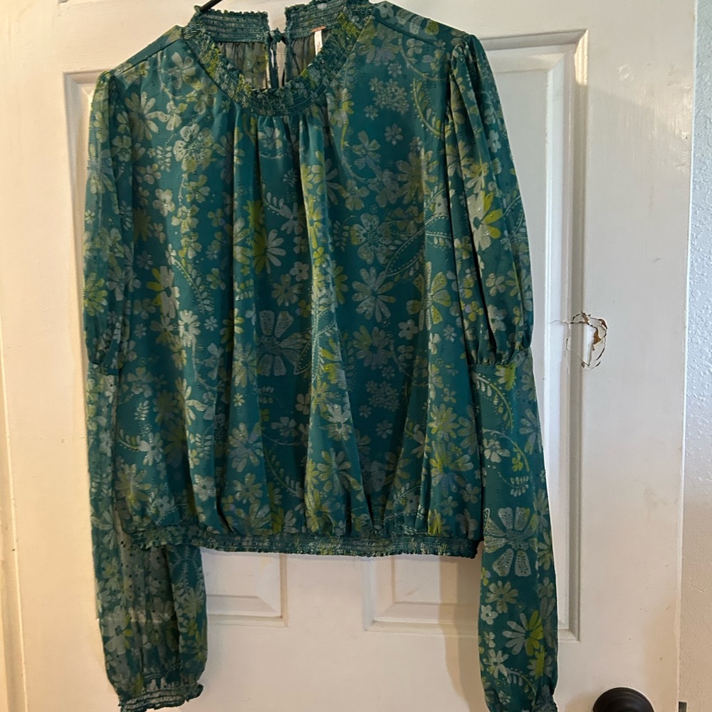 Free People Teal Floral Sheer Blouse